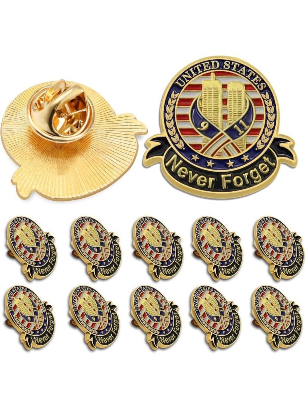 9-11 Commemorative Lapel Pins - Bulk Pack of 6/12/50/100 - Patriotic Ribbon